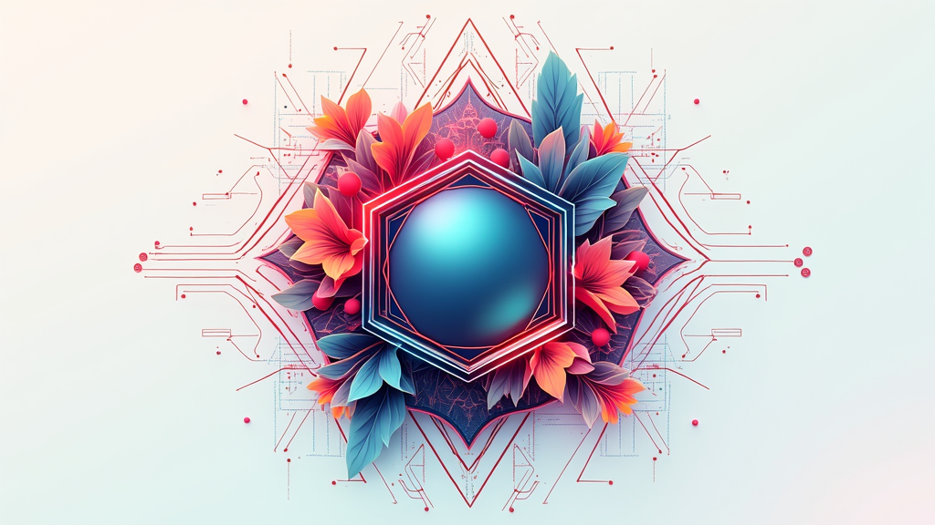 Geometric Floral Tech Symbiosis: A central graphic where geometric shapes common in tech (e.g., hexagons, triangles) are interwoven with soft floral elements and subtle circuit patterns, creating a harmonious and modern aesthetic.