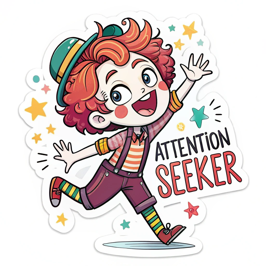 The image shows a cartoon sticker of a boy with red hair and a hat, with the words 