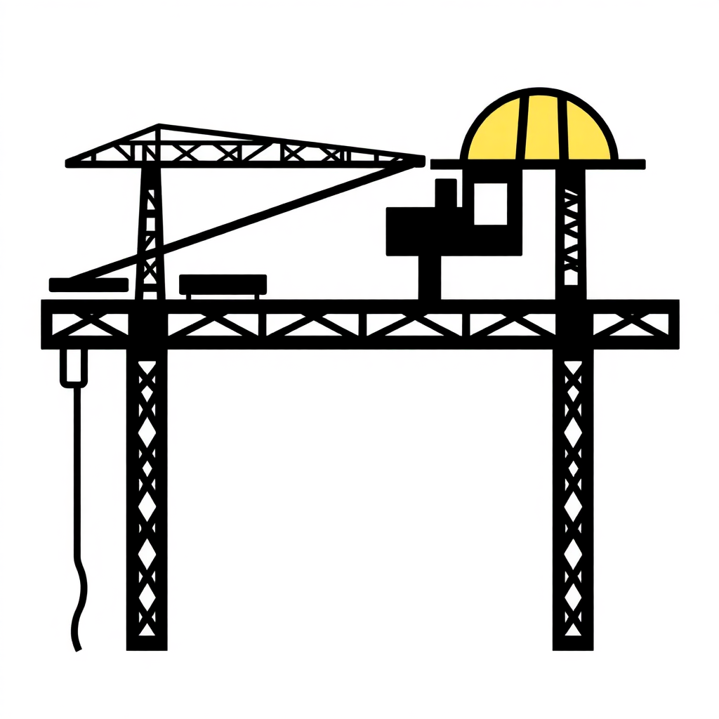 The image is a black and white illustration of a construction site. It shows a tall tower crane with a yellow dome on top. The crane is supported by two trusses and has a long arm extending from the top. On the right side of the crane, there is a small building with a window and a door. The building appears to be under construction, as there are scaffolding around it. The image is simple and minimalistic, with no additional details or shading.