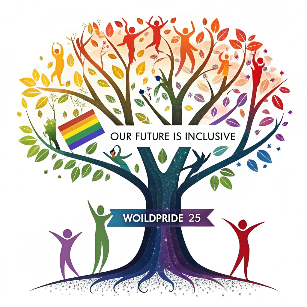 Sticker illustrating a vibrant, conceptual tree or plant whose leaves are composed of different pride flag colors/patterns, or its branches are formed by abstract, diverse figures reaching upwards, symbolizing growth and unity. Text: 'Our Future is Inclusive' could be part of the trunk or canopy, with 'WorldPride '25' at the base or as a distinct element.