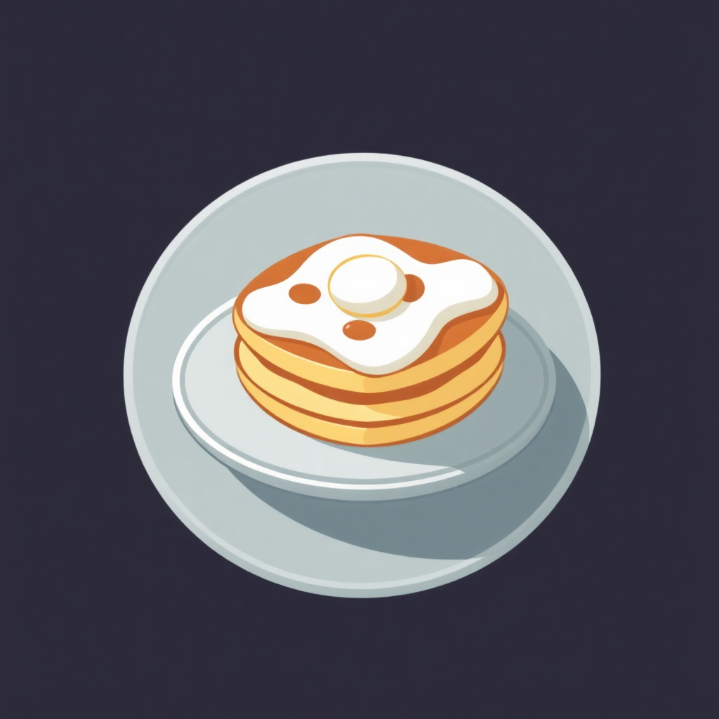 The image is an illustration of a stack of pancakes on a white plate. The pancakes are golden brown and appear to be freshly cooked. On top of the pancakes, there is a fried egg with a runny yolk. The plate is round and has a light blue rim. The background is dark blue. The overall color scheme of the image is flat and minimalistic.