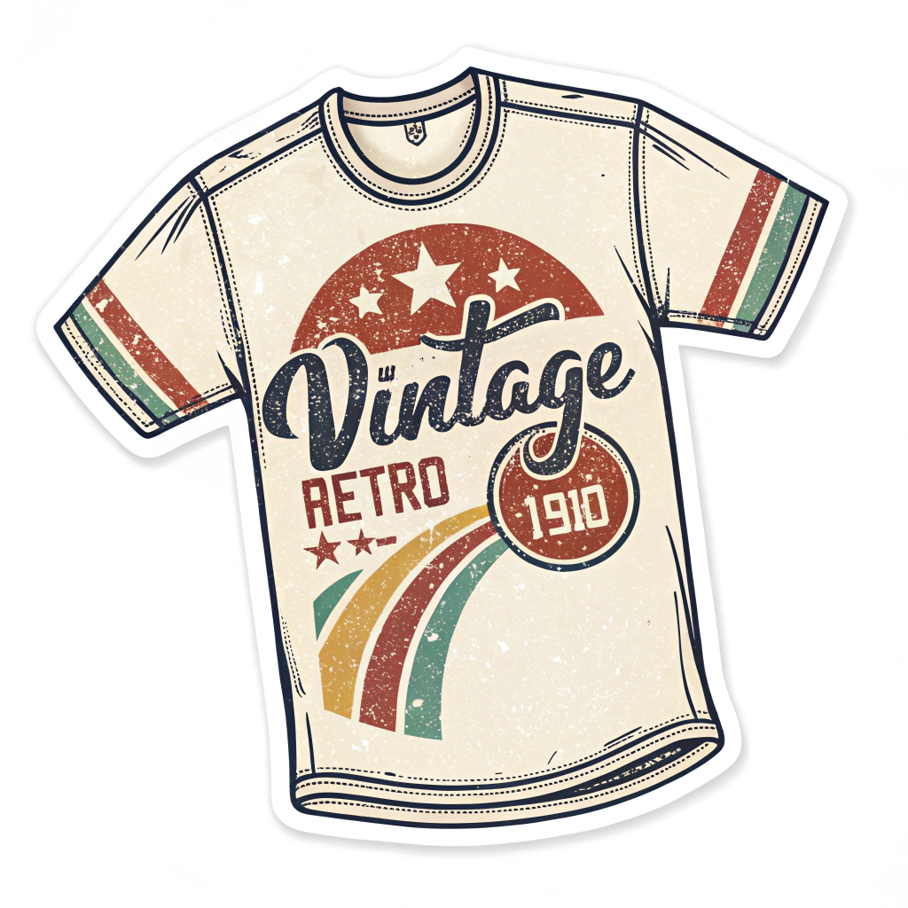 The image is a sticker of a vintage t-shirt design. The design is in a retro style with a beige background and red and green stripes on the sleeves. In the center of the design, there is a large red circle with the words Vintage Retro 1910 written in a cursive font. Around the circle, there are two stars and a rainbow-colored circle. The overall design has a vintage feel to it.