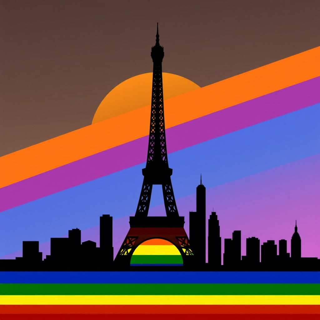 Silhouette of a prominent global landmark (e.g., Eiffel Tower, Statue of Liberty, stylized generic skyline) with its foundation rooted in classic LGBTQ+ historical symbols (like the pink triangle, lambda symbol, or early pride flag colors) transitioning upwards into a sunrise or an abstract horizon line using the colors of the progressive pride flag.