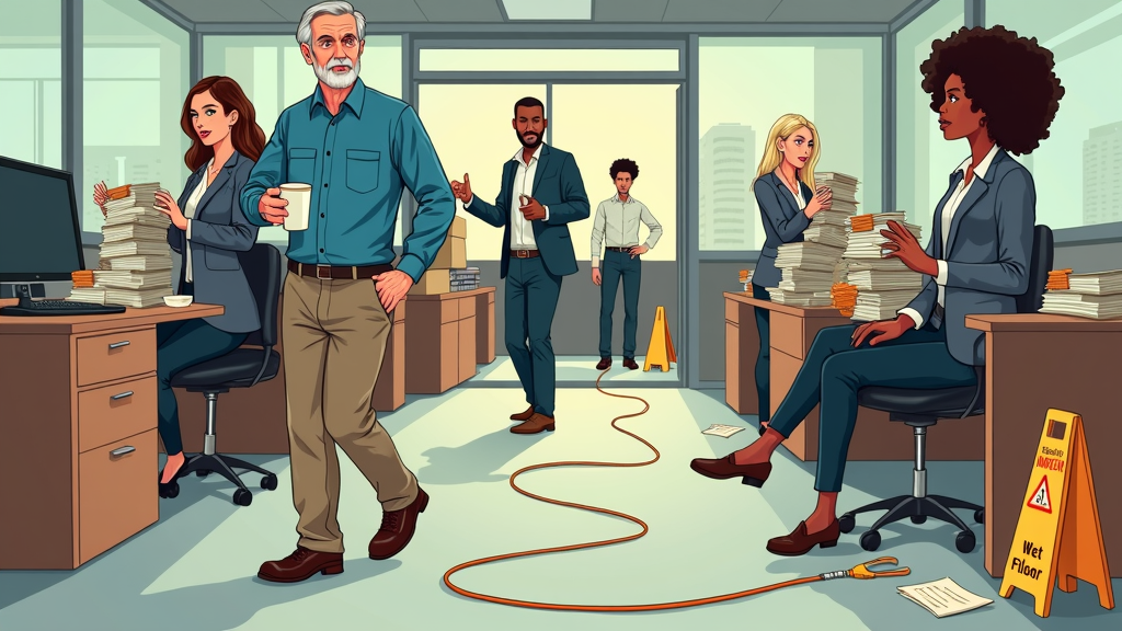 Sub-Design 2: 'Spot the Hazard' Scene - Create an illustration of a common workplace (office, warehouse, kitchen) with multiple subtle slip, trip, and fall hazards hidden within. Title it 'Can You Spot the Risks?' with a call to action about reporting.