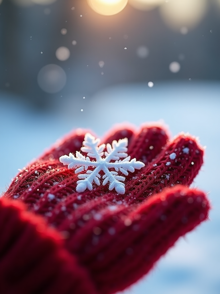 A stunning close-up of a snowflake resting delicately on a red knitted mitten. The intricate patterns of the snowflake glisten under the winter sky, capturing nature's artistry. The scene is warm yet brisk, symbolizing the unique beauty of winter and the cozy attire that brings comfort during the cold season.