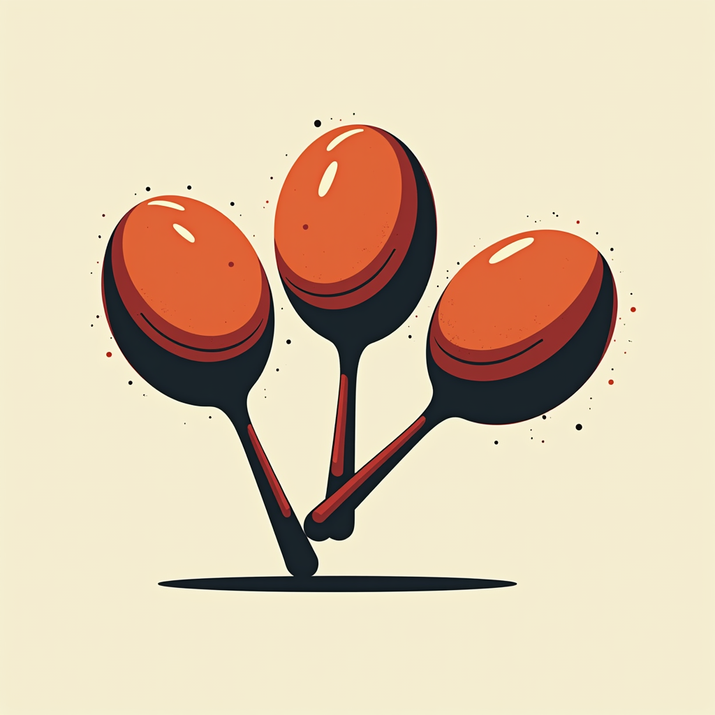 Minimalist Maraca Trio: A T-shirt featuring three simplified, sleek maraca outlines or small silhouettes, arranged dynamically, using line art or flat design in single or subtle modern tones.