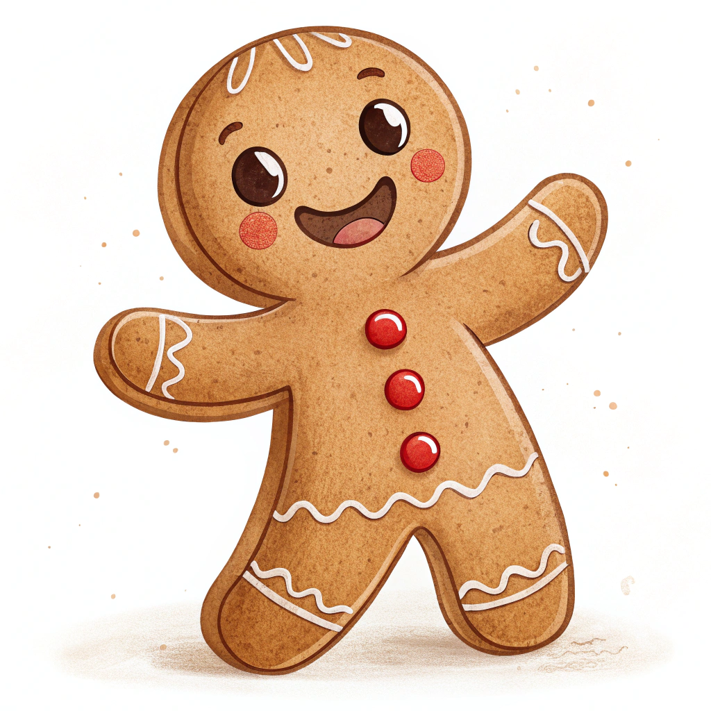 The image shows a gingerbread man with a smile on his face, painted in a cartoon-like style. He is wearing a red and white striped shirt, a red bowtie, and a pair of brown boots. His eyes are wide and his mouth is slightly open, giving him a friendly and inviting expression. His hands are clasped together in front of him, and he is standing on a white background.