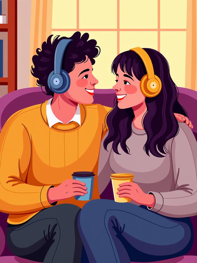 Couple sharing headphones while looking at each other lovingly.