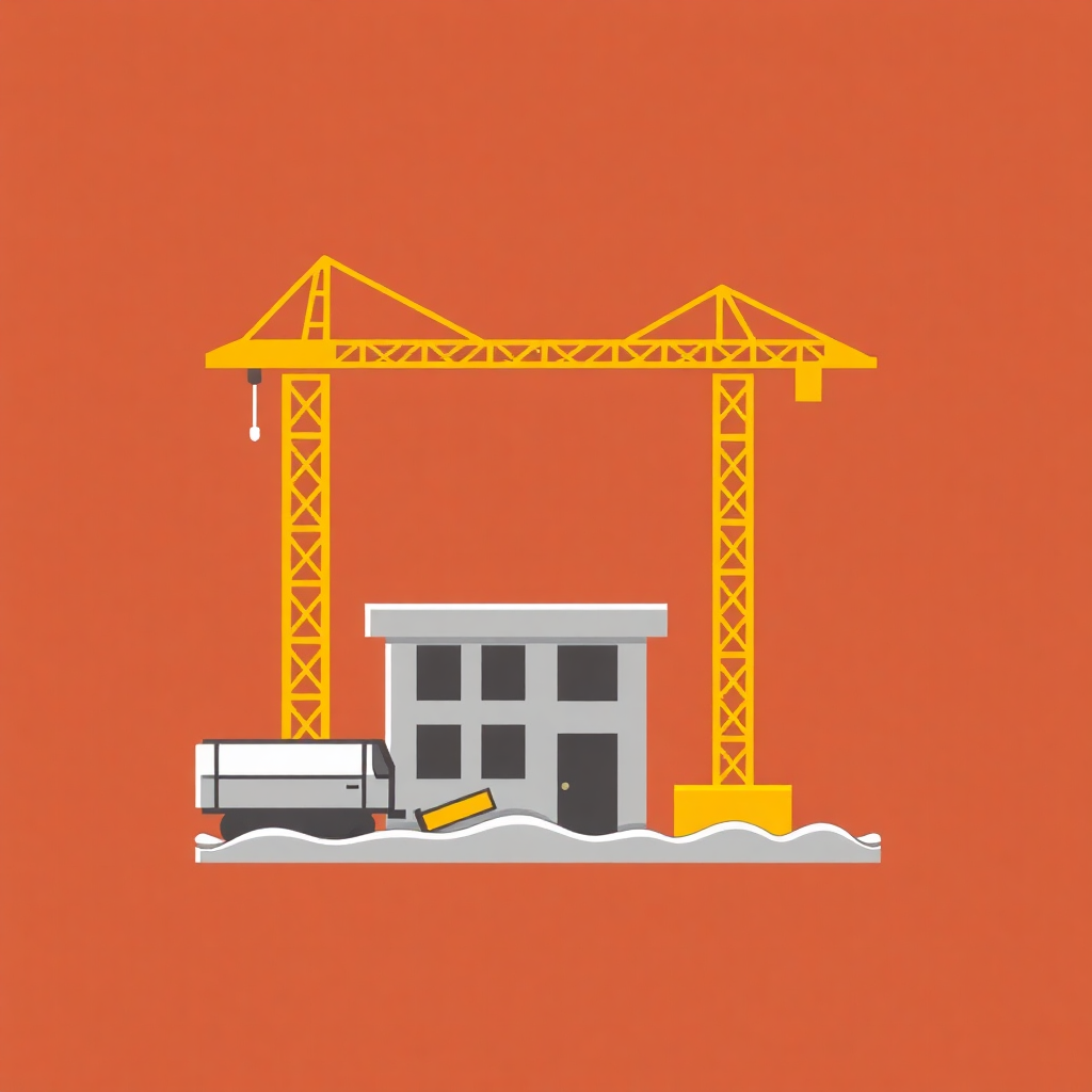 The image is an illustration of a construction site with a large yellow crane and a gray building. The crane is on the left side of the image and the building on the right side is in the center. The building appears to be a two-story structure with a flat roof and large windows. There is a truck parked in front of the building with a bucket attached to it. The background is orange and there is snow on the ground. The image is in a flat, cartoon-like style.