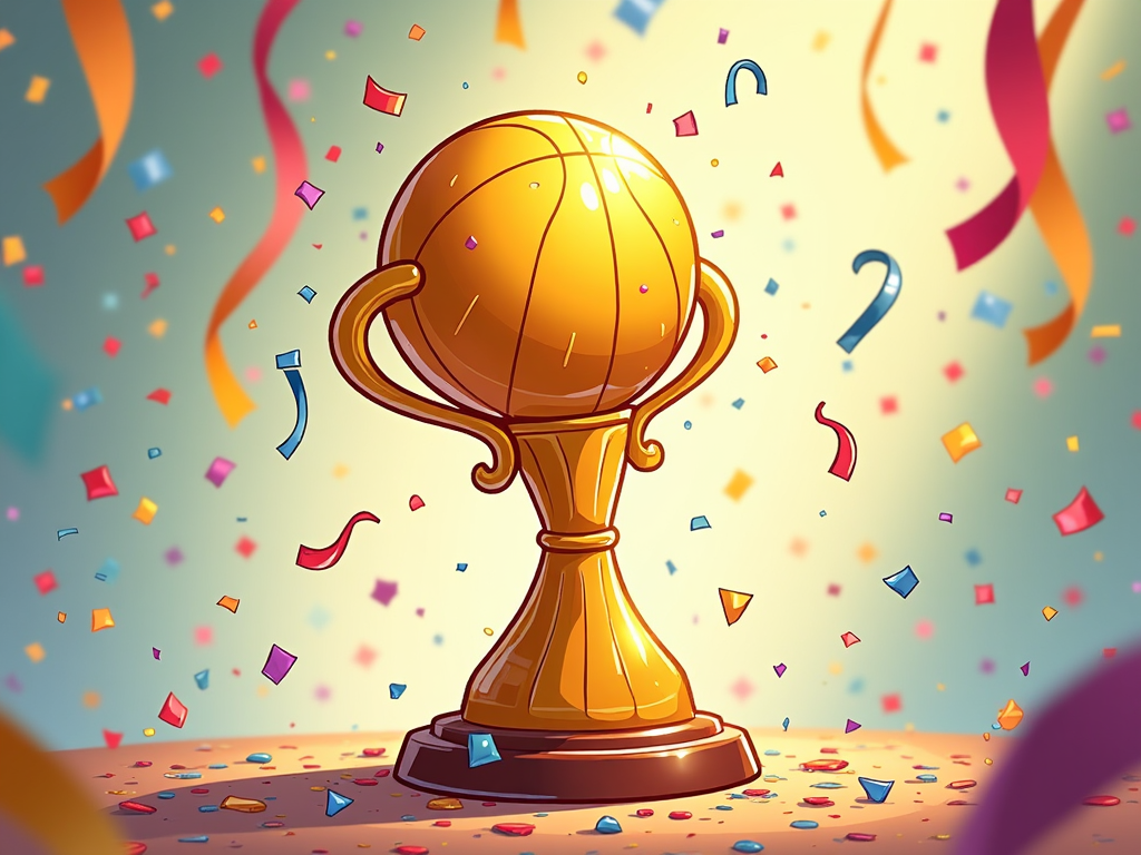 A whimsical ink drawing of the NBA Trophy, with playful doodles and swirling patterns around it. The decorative elements suggest celebration and festivity, bringing a light-hearted charm to the iconic trophy.