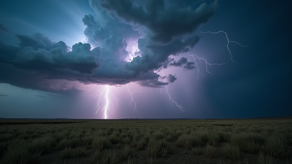 Wallpaper capturing an intense thunderstorm over a sprawling plain. The flat landscape allows for an unobstructed view of the violent lightning show above. Massive cloud formations loom with an ominous presence, as streaks of light slice the dark sky. The tension between the open land and the brewing storm creates an electrifying atmosphere.