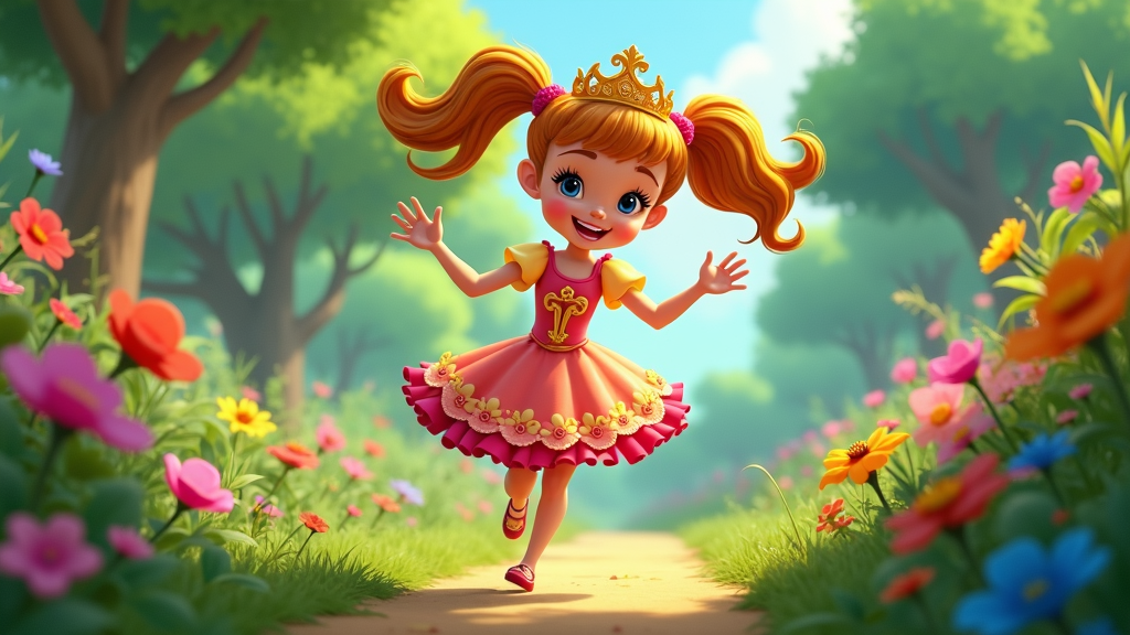 A playful princess with pigtails, wearing a dress adorned with floral patterns, skipping through a garden with exaggerated, bouncy movements.