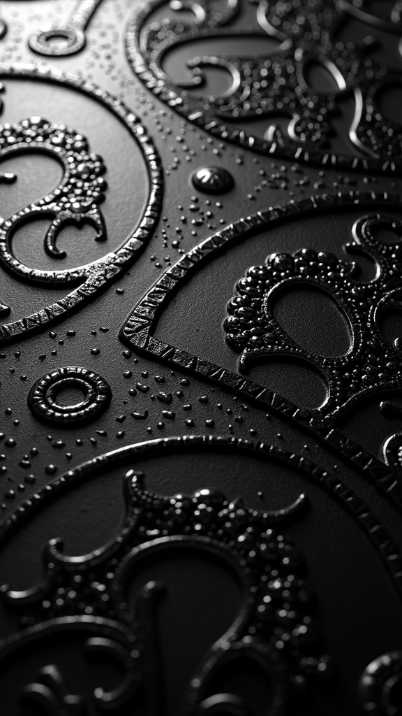 The image shows a close up of a black metal surface with intricate designs and water droplets glistening on it.