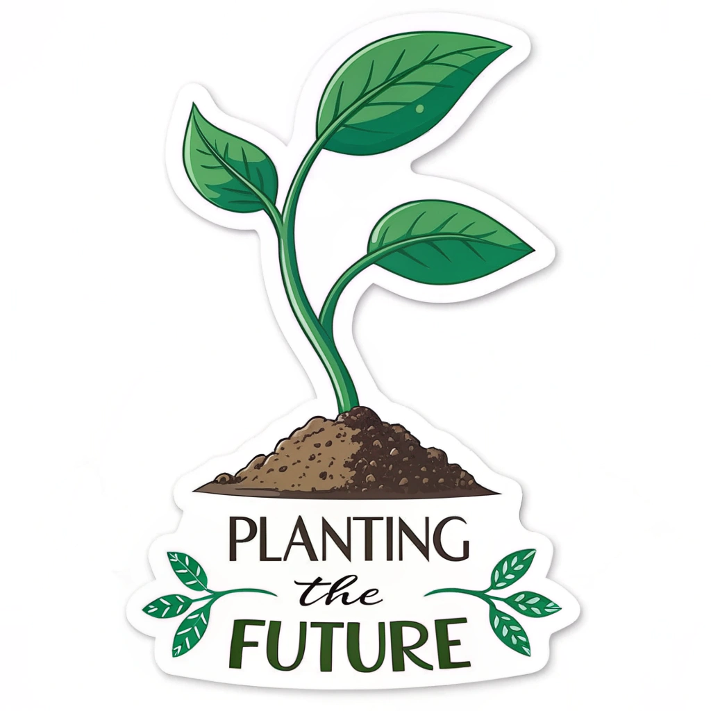 A simple and impactful sticker: A single, bold green sprout 🌱 with two leaves reaching upwards from a small mound of earth. Below it, the text 'Planting the Future' in a clean, modern sans-serif font.