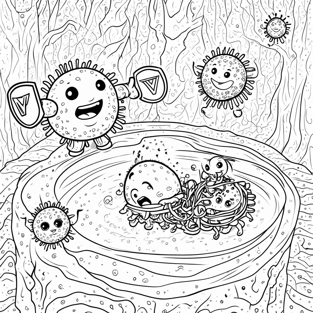 Inside the Body - Germ Busters: A simplified, whimsical view 'inside the body' where strong, heroic 'Immunity Cells' (characters perhaps shaped like friendly guards with small shields or 'V' for vaccine emblems) are actively and playfully capturing or escorting out defeated-looking measles germs. The germs could be tangled in colorful nets or swept away by 'clean-up crew' cells.