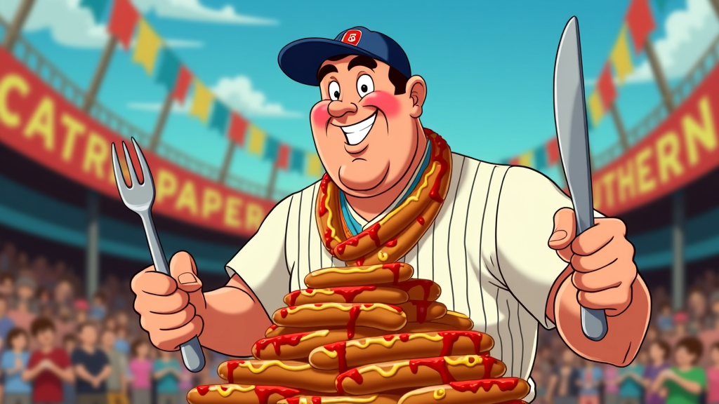 Babe vs. The Hot Dog Mountain Challenge: A heroic and comedic cartoon illustration of Babe Ruth (perhaps in eating pose with bib and cutlery) facing a comically enormous mountain of hot dogs, ready to conquer it.