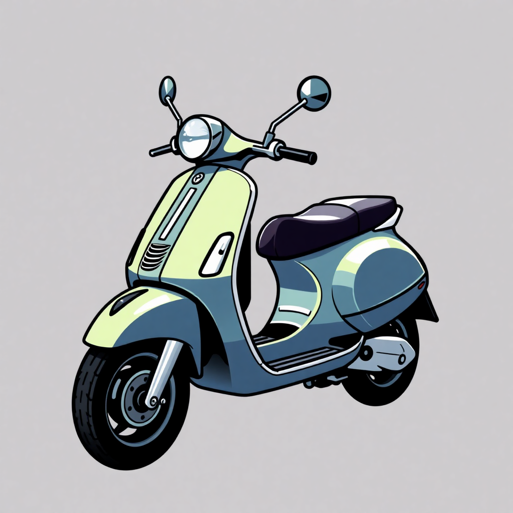 The image is a digital illustration of a scooter. The scooter is in a light green color with a black seat and handlebars. It has two round mirrors on the front and a small headlight on the top. The body of the scooter has a curved design with a small window on the side. The wheels are black with silver rims. The background is a plain light grey color.