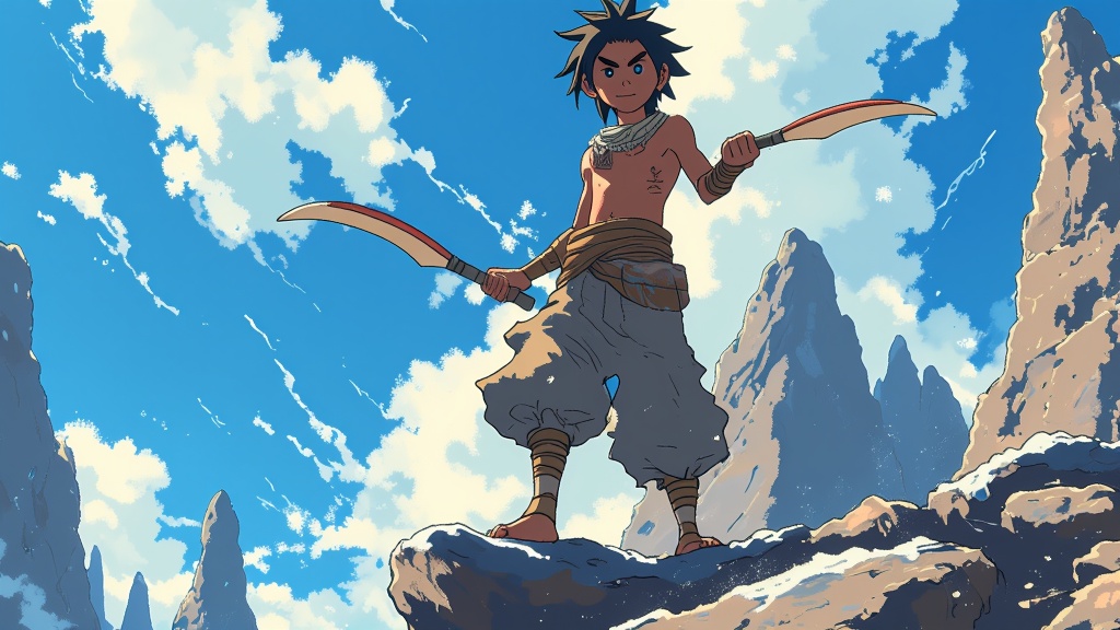 Sokka wielding his trusty boomerang, standing confidently on a rocky ledge, surveying the surrounding terrain, ready to protect his friends.