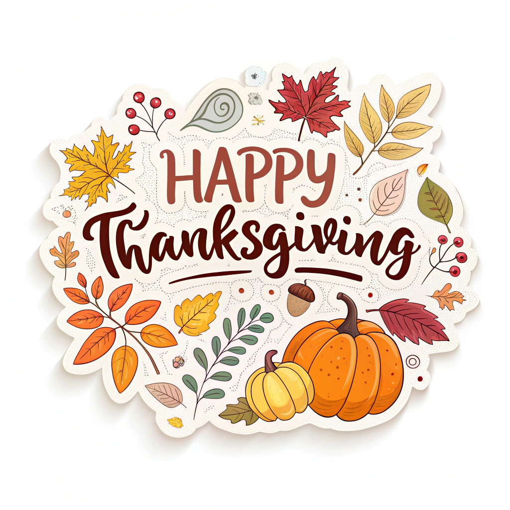 The image shows a poster with a white background featuring a happy Thanksgiving card with pumpkins and leaves. The card is decorated with a variety of autumnal colors, including red, orange, yellow, and brown, and the text 