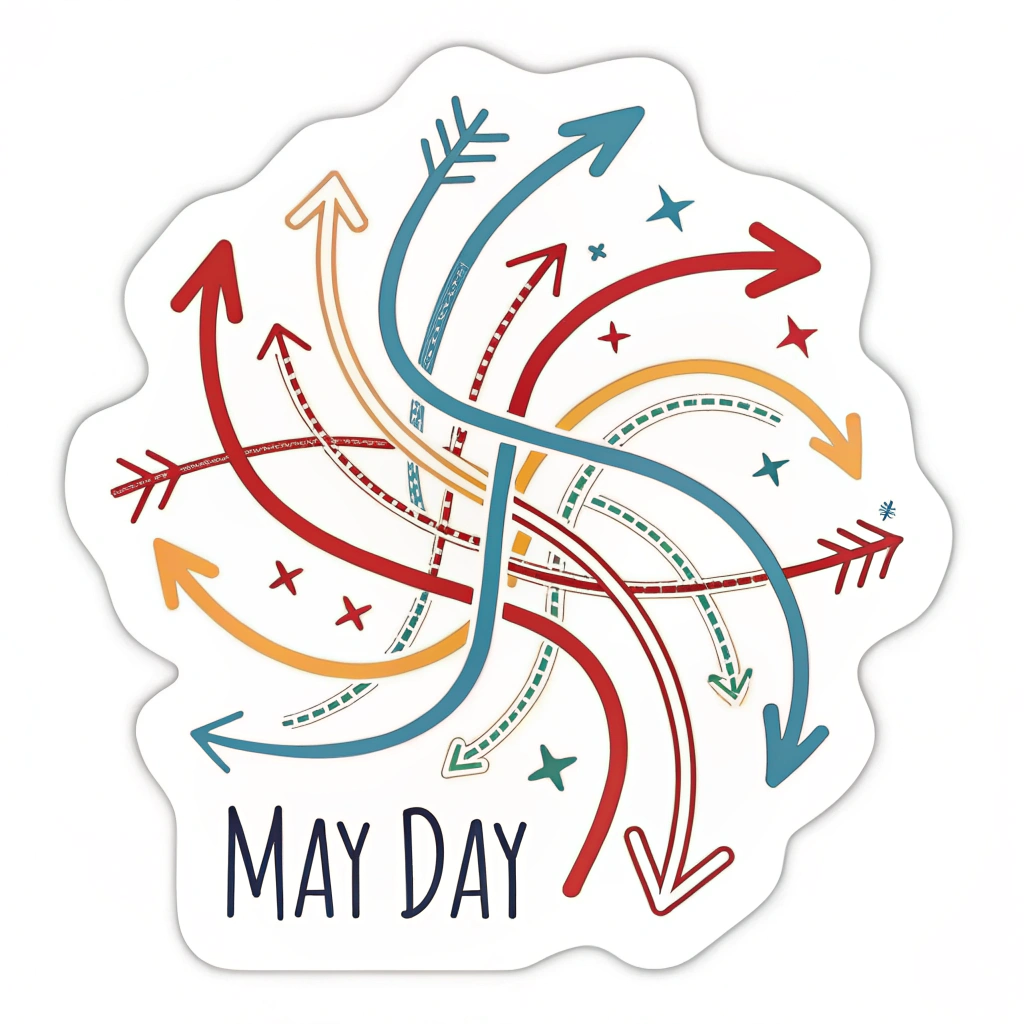 Converging pathways: Multiple dynamic lines or abstract paths, starting dispersed and gradually merging towards a common focal point or direction, illustrating the confluence of individual efforts into a powerful, unified May Day movement.
