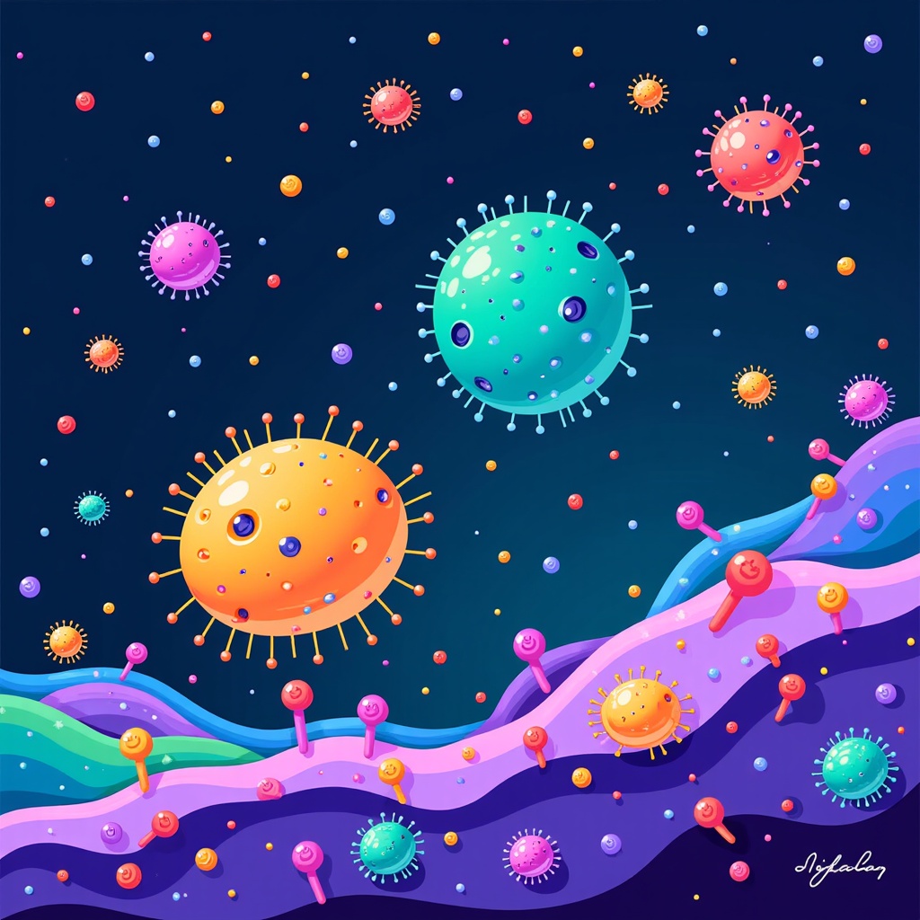 Sub-design idea 5: 'Micro-Narratives' - AI generates a series of illustrations telling a visual story from a microbe's perspective, depicting its journey or challenges in its tiny world.