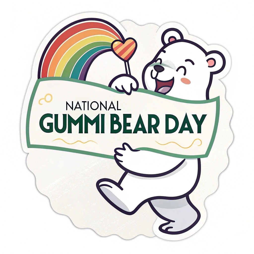 Simple Logo Idea: For 'National Gummi Bear Day,' a logo featuring a smiling Gummi Bear character holding a small banner or flag displaying a miniature rainbow, with the event title in a friendly, rounded typeface.