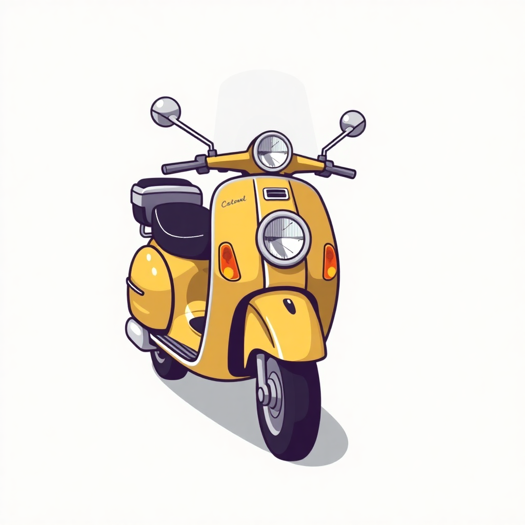 The image is a digital illustration of a yellow scooter. The scooter has a round headlight and two side mirrors on either side. The front of the scooter is facing towards the left side of the image. The handlebars are curved and the seat is black. The wheels are silver and appear to be made of rubber. The background is white.