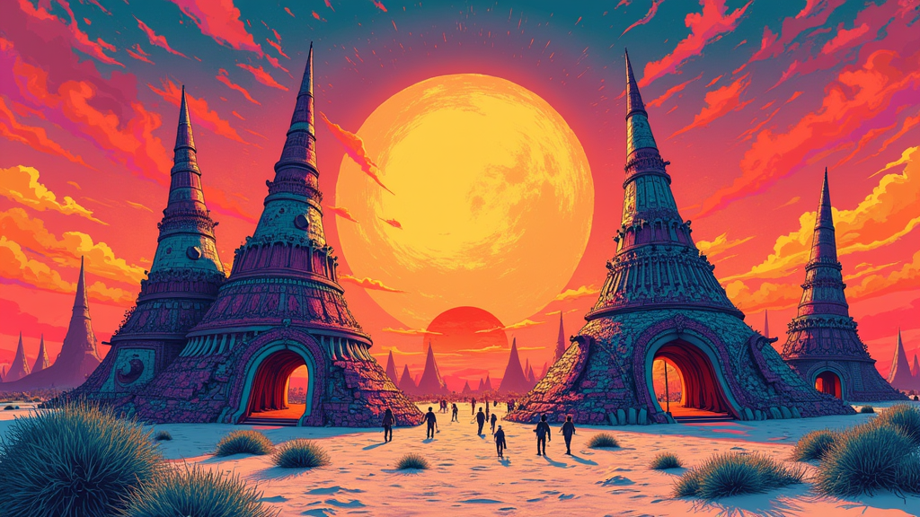 Bold graphic interpretation of the Burning Man landscape or iconic structures, using stark contrasts, psychedelic patterns, and a vivid color scheme to evoke radical expression within the desert environment.