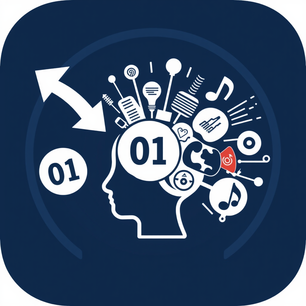 Sub-Design Idea 3 (Cognitive Spark): Icon features a stylized brain or head silhouette with an input arrow pointing towards data symbols (e.g., '01', graph icon). An outward burst of diverse, new elements (e.g., a lightbulb, art palette, text lines, musical note) emanates from it, signifying the generated output and creative process.