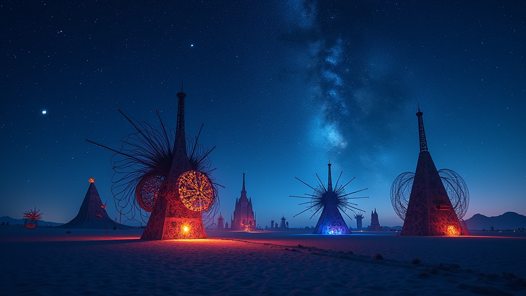 Nocturnal Illumination & Silhouettes: A design capturing the playa at night. Prominent silhouettes of distinctive Burning Man art installations stand against a deep indigo or black sky, heavily populated with stars and perhaps a stylized Milky Way. The art installations themselves feature glows or light trails. The foreground texture subtly suggests playa dust, reflecting the 'Dreams' aspect of the theme under the night sky.