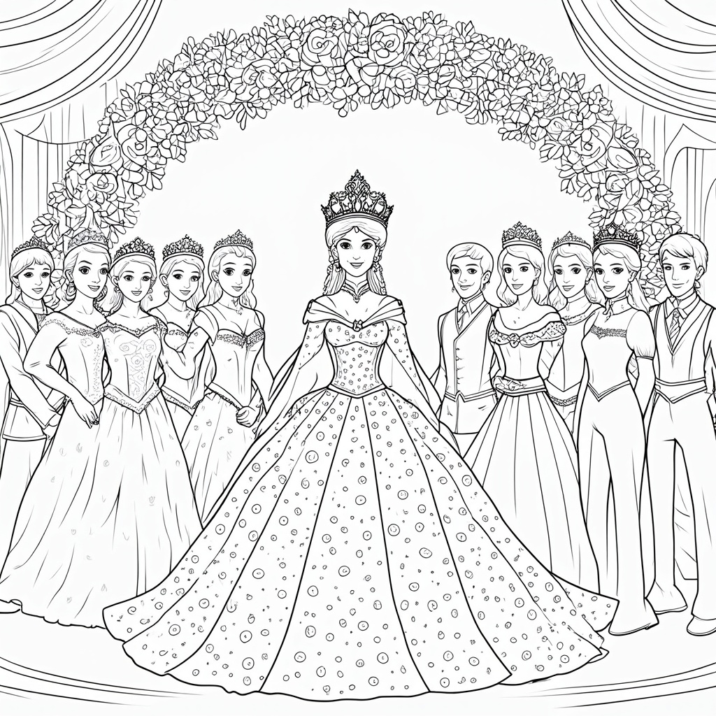 Coronation Scene: A detailed depiction of the Rose Queen being crowned, surrounded by her court in their formal attire. The background could feature elements of the official coronation venue or a grand floral arch.