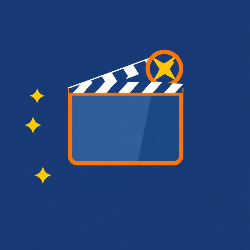 The image shows a blue background with a clapboard icon in the center, surrounded by stars.