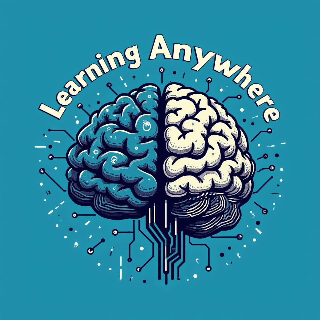 A design featuring a stylized brain with one hemisphere depicted as circuitry/digital pathways and the other as organic neural networks, symbolizing the blend of online and physical learning. Include the text 'Learning Anywhere'.