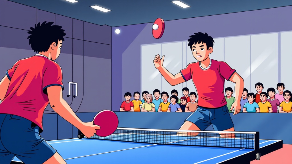  two young men playing table tennis in a room with a large group of people watching. The room has a blue table tennis table and a net in the middle. The man on the left is wearing a red t-shirt and blue shorts and is holding a red ping pong paddle. He is in the process of hitting the ball with his right hand, while the other man is standing behind the net with his left hand. The ball is in mid-air, and it appears to be in the air. The people in the background are sitting and watching the game intently. The overall atmosphere of the room is lively and energetic.