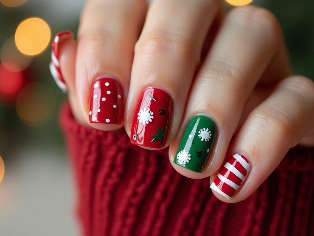  a close-up of a person's hand with their fingernails painted in a festive Christmas-themed design. The nails are painted with red and green nail polish, with white polka dots and snowflakes scattered throughout. The background is blurred, but it appears to be a Christmas tree with lights, suggesting that the person is wearing a red sweater. The overall mood of the image is cheerful and festive.