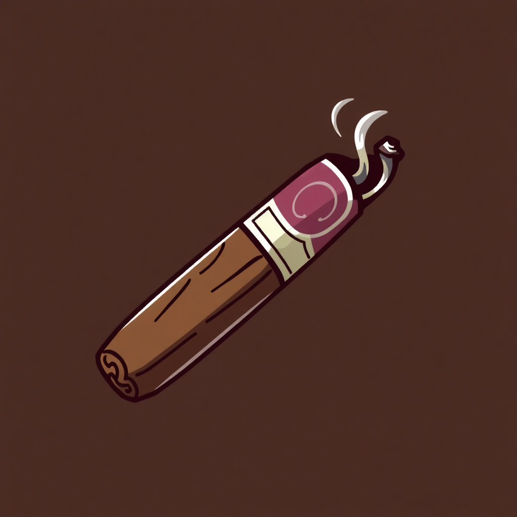 The image is a digital illustration of a cigar. The cigar is in the center of the image and is brown in color. It has a cylindrical shape with a pointed end and a flat base. On top of the cigar, there is a pink label with a white circle in the middle. The label has a gold border and the word Cigar written in a cursive font. There are two white smoke coming out of the top right corner of the label. The background is a solid brown color.