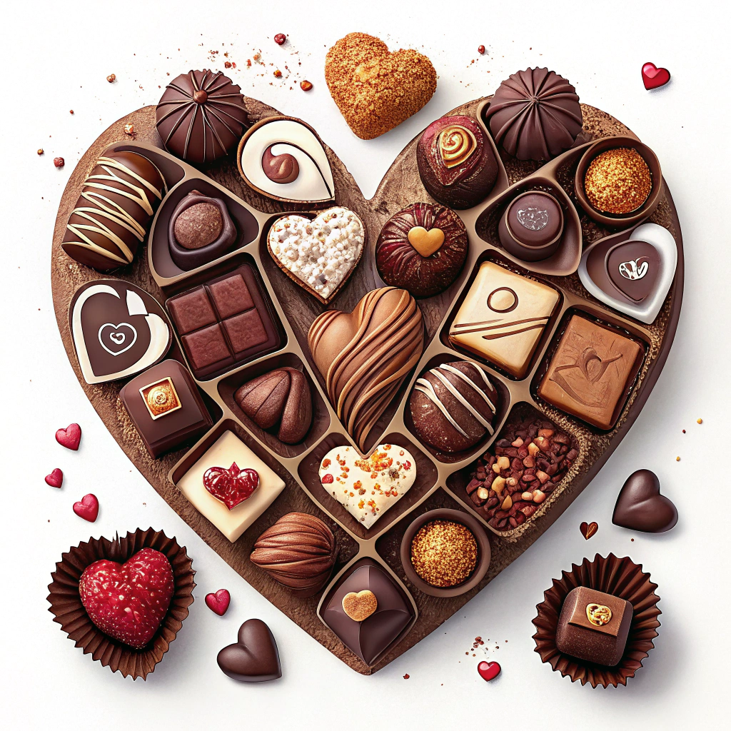 A heart made of individual chocolates, each with a different filling or topping.