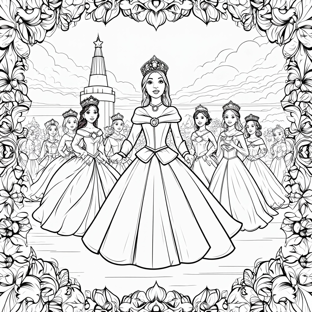Royal Activities Montage: A page showcasing the Queen and Court participating in various festival-related activities – e.g., visiting a landmark, participating in a community event, or posing with festival symbols, all with plenty of floral details.