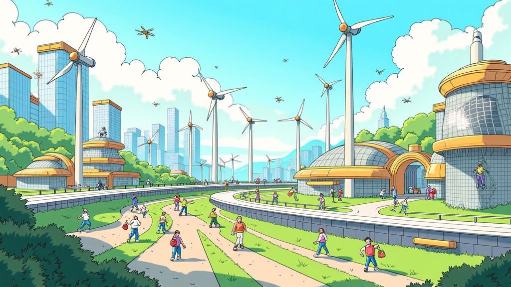 Illustrate a bustling futuristic city seamlessly integrated with various renewable energy sources: wind turbines disguised as artistic sculptures, solar panel-covered buildings, and kinetic energy harvesting pathways, all set against a clean, vibrant sky.