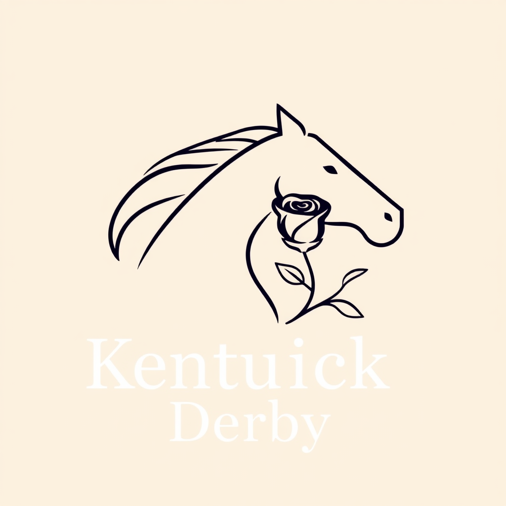 Simple Logo Idea: A continuous, flowing line art that cleverly forms both the profile of a racehorse's head and a single rose, symbolizing the 'Run for the Roses'. Paired with 'Kentucky Derby' in a sophisticated, modern serif typeface below or alongside.