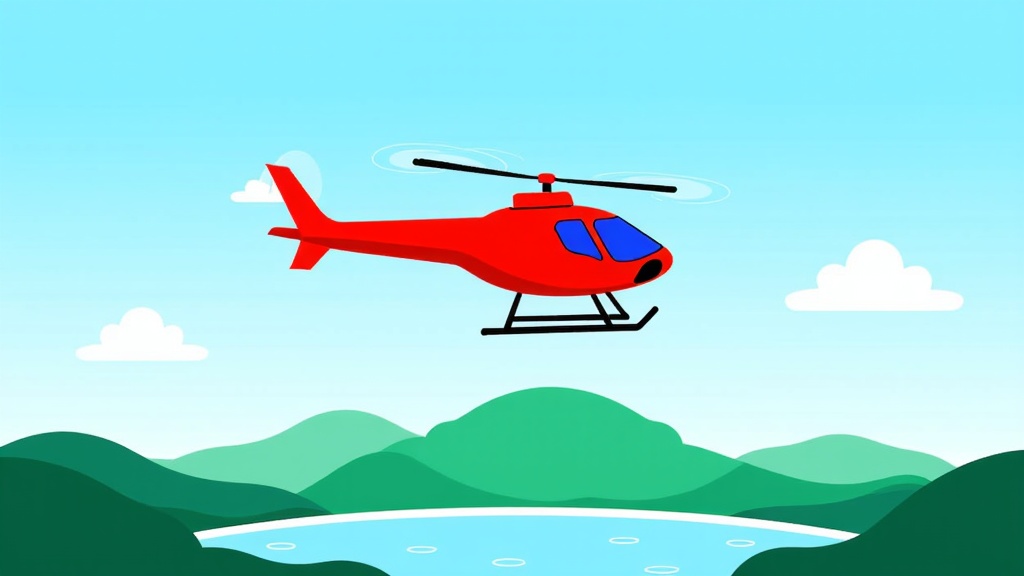 The image is an illustration of a red helicopter flying over a green landscape. The helicopter is in the center of the image, with its body facing towards the right side of the frame. It has a pointed nose and two propellers on either side. The sky is blue with white clouds scattered across it. In the background, there are green hills and a body of water below. The overall color scheme of the illustration is bright and vibrant, with shades of green, blue, and yellow.