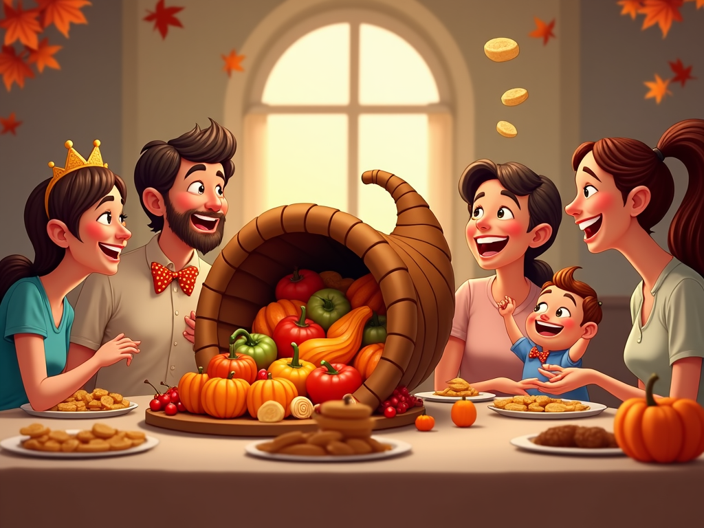 A cartoon Thanksgiving scene where table decorations feature a giant cornucopia overflowing with fruits and gourds. Around the table, a lively group of people, some with sparkly hairpins and others with quirky bow ties, engage in animated discussions, while an adorable toddler throws mashed potatoes in joy, adding charm to the space.