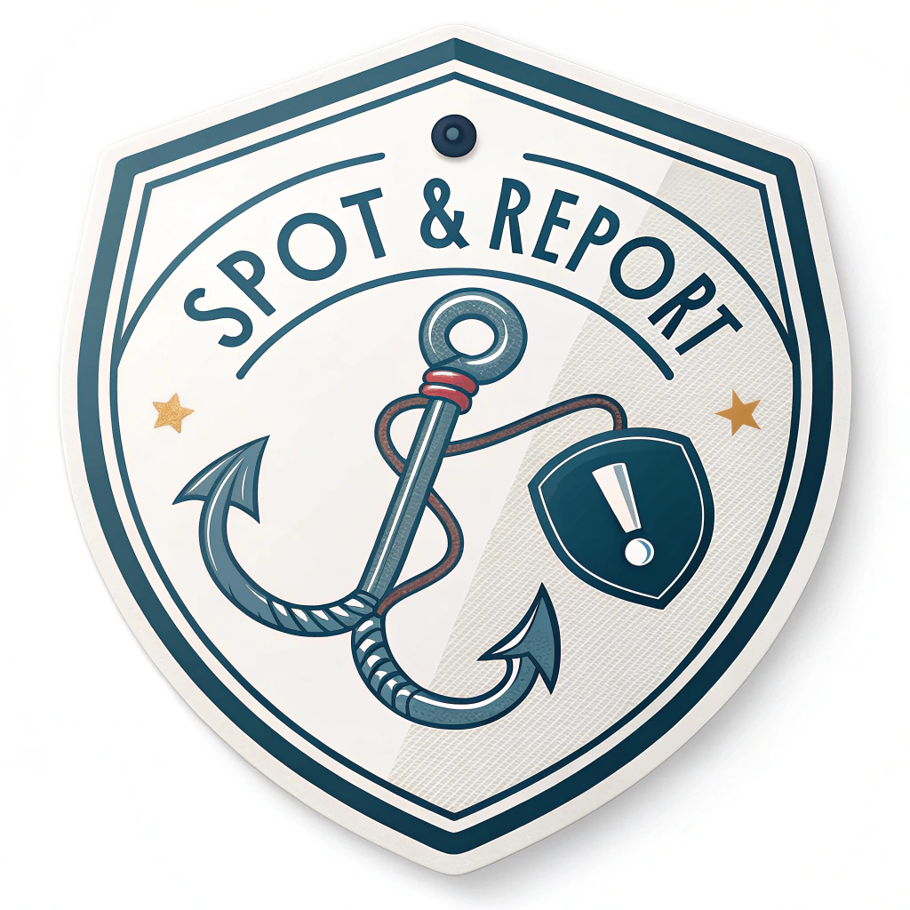 Simple Logo/Campaign Mark Idea: A circular badge or shield outline containing a stylized fish hook intertwined with an exclamation mark. The text 'Spot & Report' curves around an edge or sits beneath the mark.