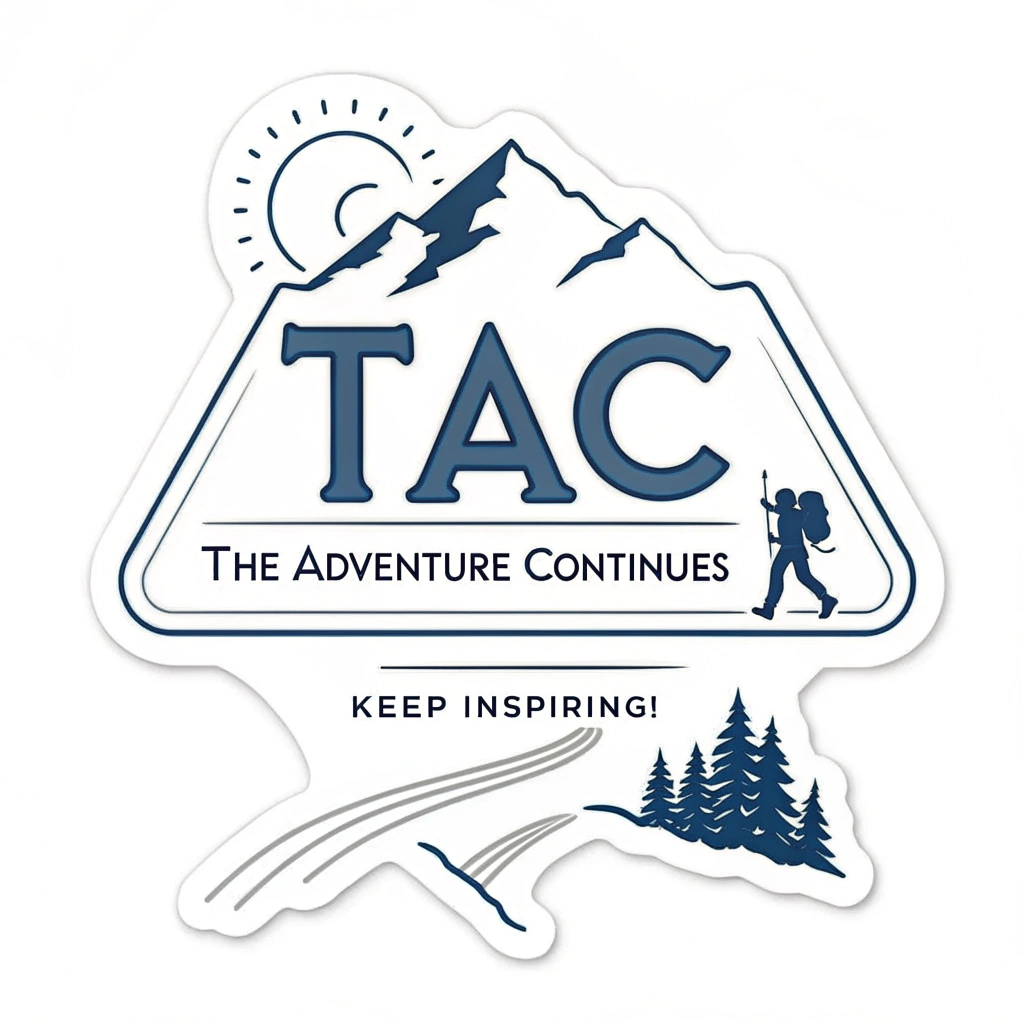 Simple Logo Idea: A typographic logo concept using the initials 'TAC' (for 'The Adventure Continues'). These initials are designed to subtly form an upward-trending path or a simplified mountain peak. The phrase 'Keep Inspiring!' is positioned beneath as a clean, legible tagline, reinforcing the core message.