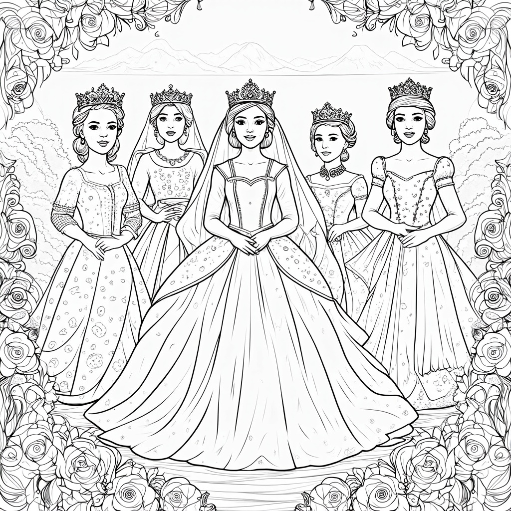 Portraits in the Rose Garden: Individual or group portraits of the Queen and Court members set against the backdrop of Portland's International Rose Test Garden, with various rose types and perhaps a subtle city skyline or Mount Hood view.