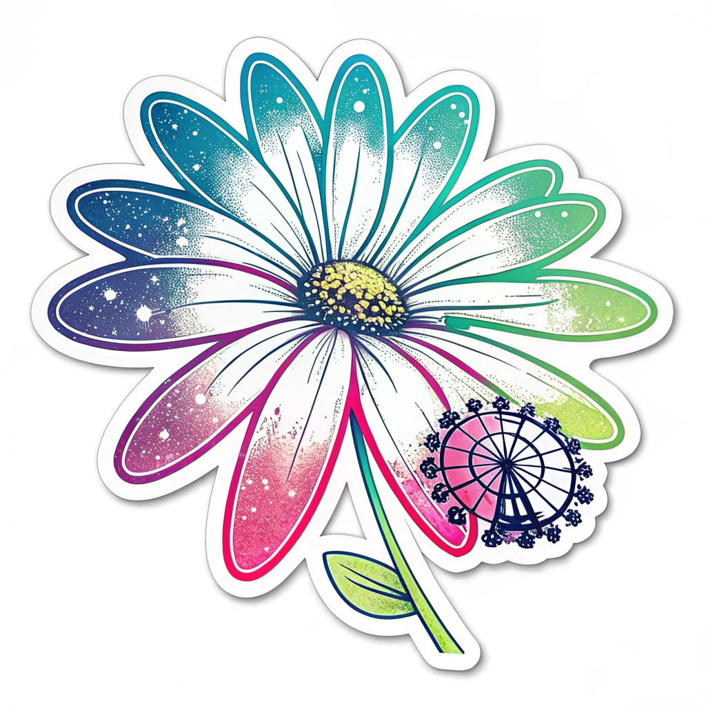 Neon Bloom Daisy Sticker: A daisy with petals outlined in vibrant, contrasting neon colors (electric blue, hot pink, neon green). The center features a subtle cosmic swirl or a miniature Ferris wheel silhouette. Designed for a die-cut sticker.