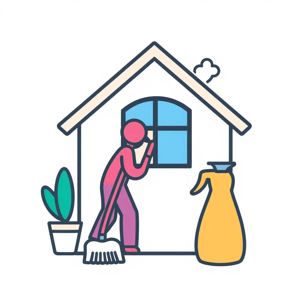 The image is an illustration of a person cleaning a house. The house is a small, two-story structure with a sloping roof and a chimney. The person is wearing a pink outfit and is holding a broom and a bucket. There is a potted plant on the left side of the house and a yellow jug on the right side. The background is white. The image is in a flat, cartoon-like style.