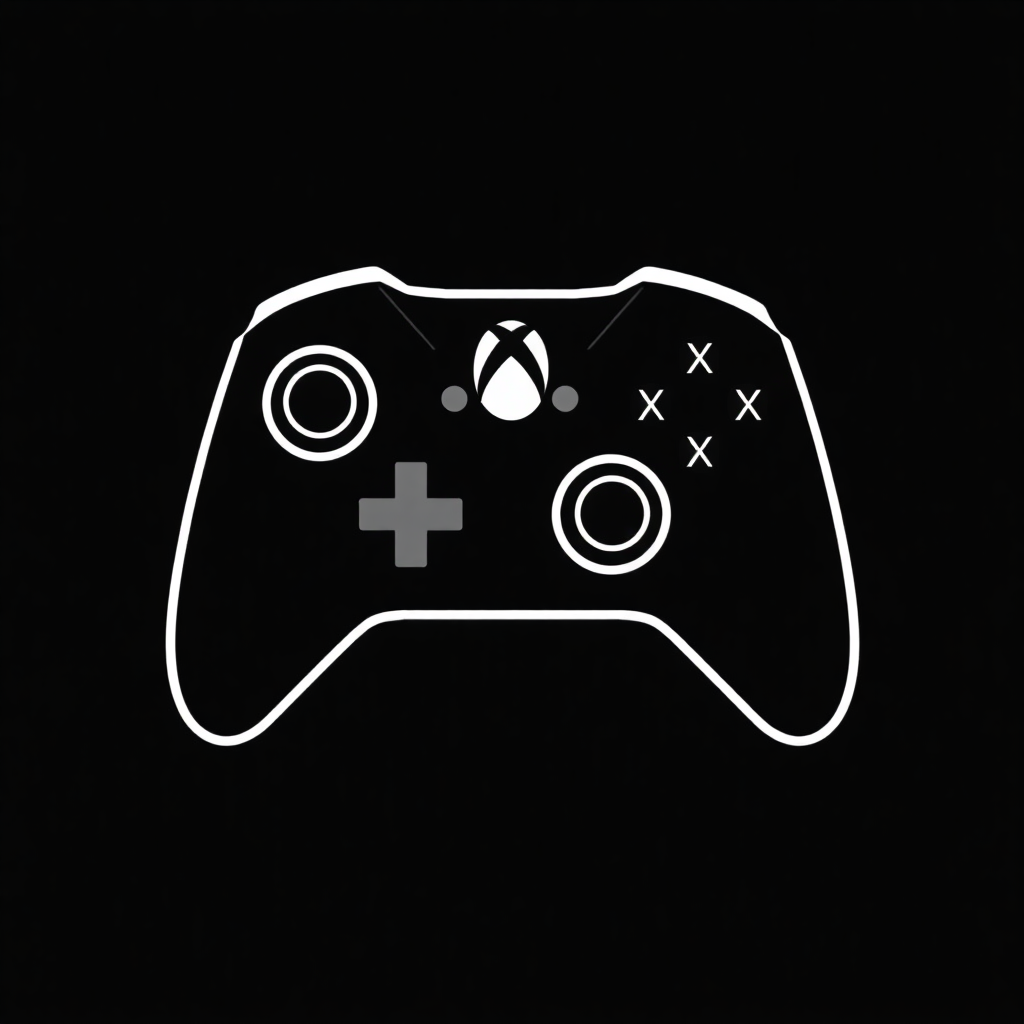 The image is a black and white illustration of a video game controller. The controller is outlined in white and has a simple, minimalist design. It has two analog sticks, a directional pad, four action buttons, two shoulder buttons, and two triggers. There is also a plus sign in the center of the controller, which is likely the Xbox logo. The background is completely black, making the controller stand out.