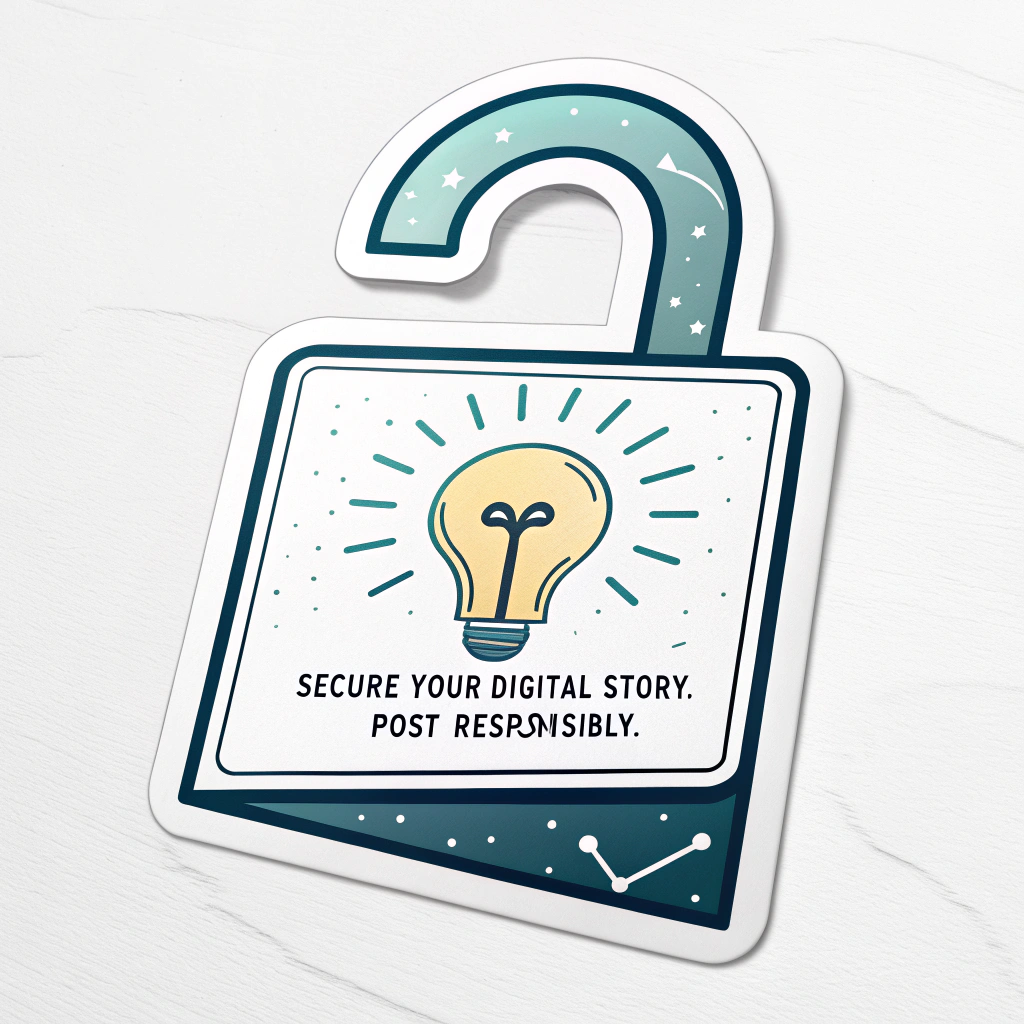 An open lock icon with a glowing 'share' symbol inside, with the tagline 'Secure Your Digital Story. Post Responsibly.'