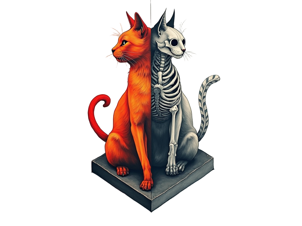 A stylized box, bisected vertically. One half depicts a cat silhouette vibrant and alive; the other half shows a skeletal or faded 'dead' cat silhouette, representing the dual state of superposition.